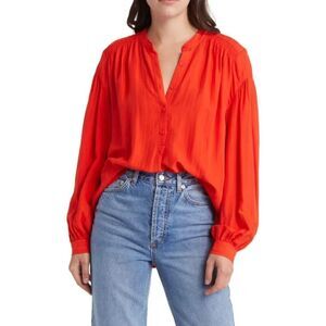 Treasure & Bond Womens Half Button Long Sleeve Embroidered Blouse Red Small NWOT